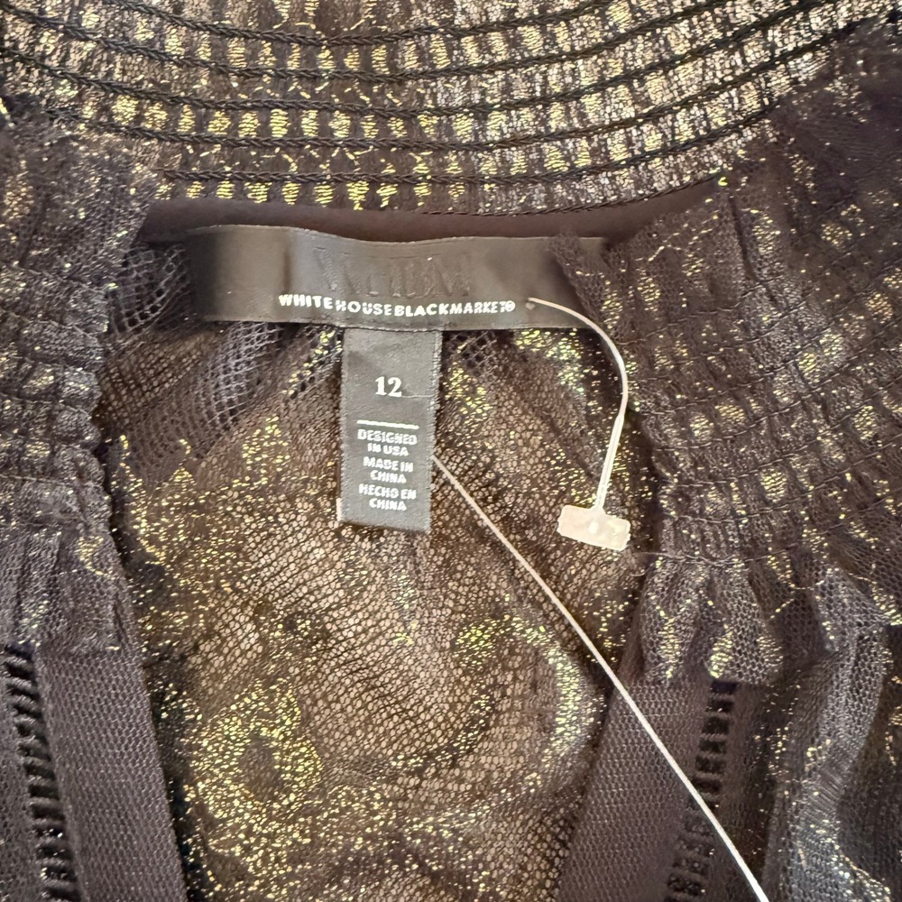 NWT White House Black Market Black Gold Metallic Lace Smocked Neck Blouse 12 Y2K - Picture 5 of 14